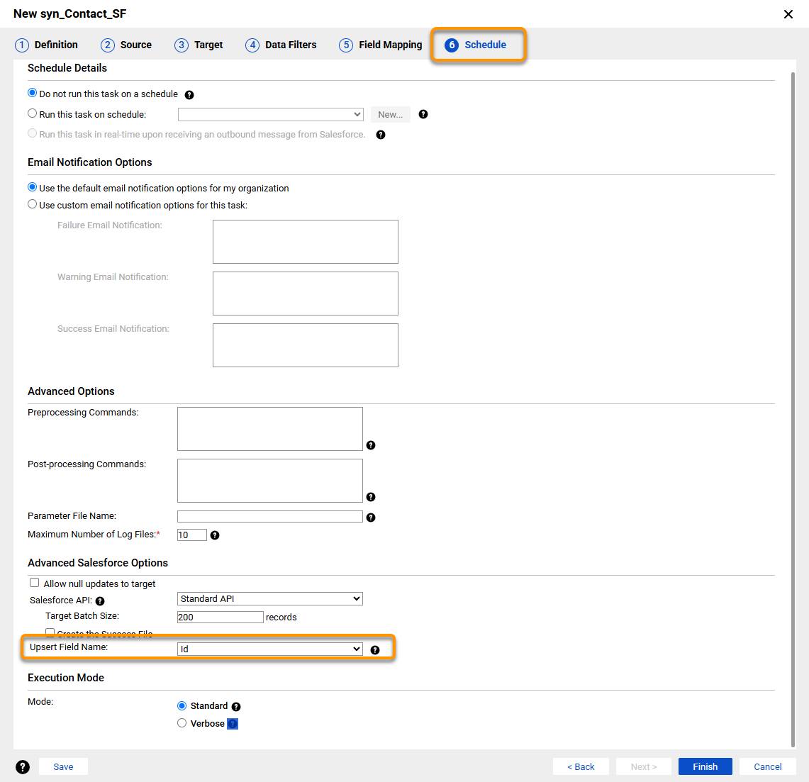 Schedule tab where the Upsert Field Name needs to be selected. This field must be mapped on the Field Mapping tab also.