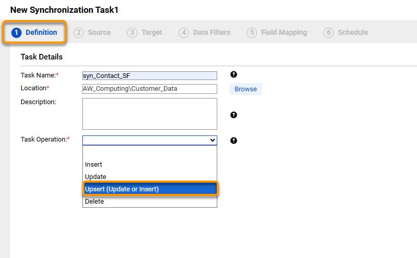 Definition Tab of Synchronization Task Configured to Upsert.