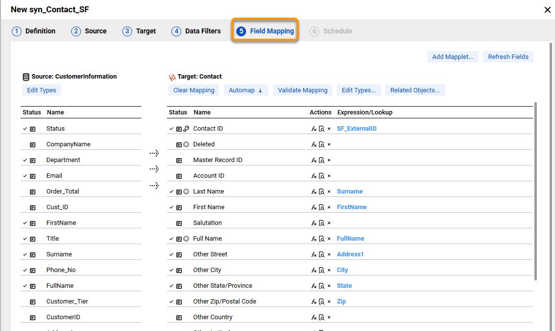 Field Mapping Tab of Synchronization Task showing incoming fields mapped to the Salesforce Contact fields