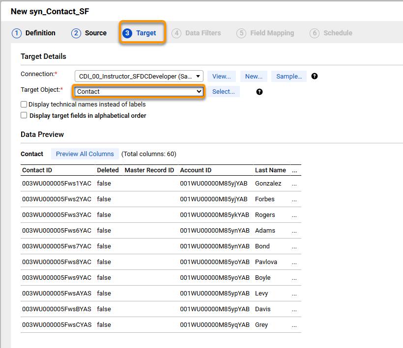 Target Tab of Synchronization Task Configured to Write to the Salesforce Contact Object.