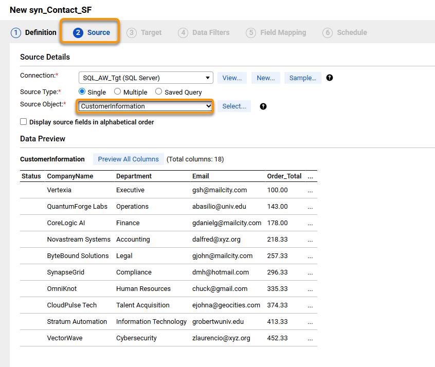 Source Tab of a Synchronization Task Configured to a SQL Table containing company name, address and order information.