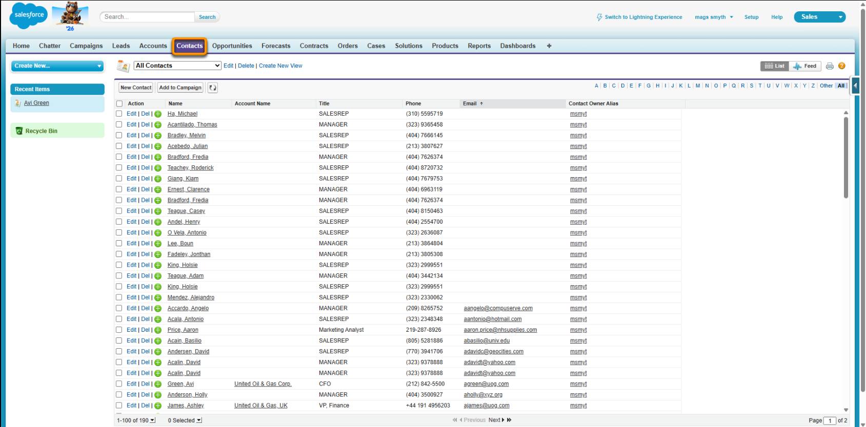 Salesforce Contacts List showing records that have been inserted from the SQL Server table.
