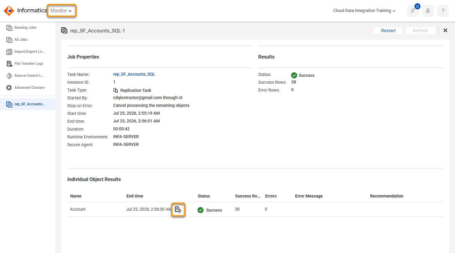 Monitor Service Job Properties showing 3838 records were successfully replicated from Salesforce to a SF_Accounts table.