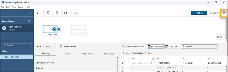 Tableau Prep flow with the Tableau Agent icon highlighted.