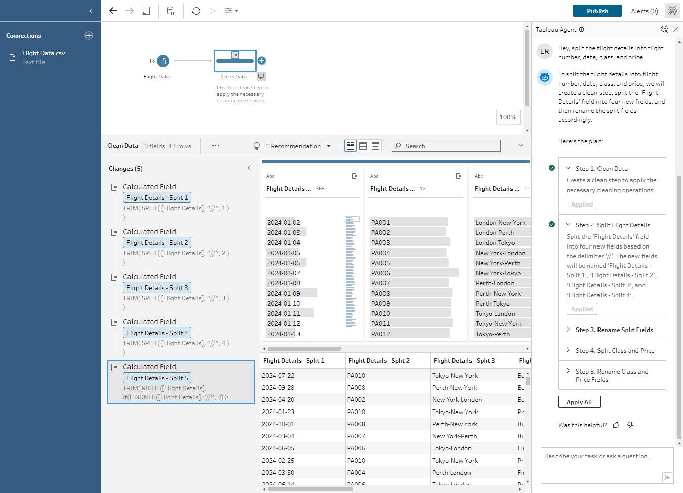 Tableau Prep flow with the Tableau Agent pane open showing the response plan steps applied.