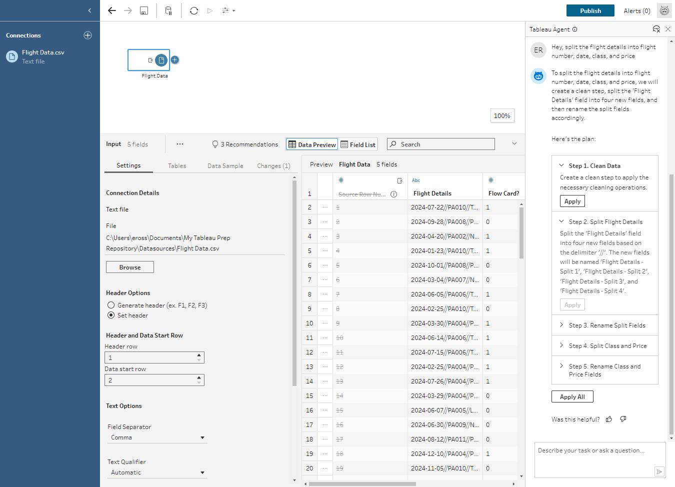 Tableau Prep flow with the Tableau Agent pane open showing the response plan to clean a field.