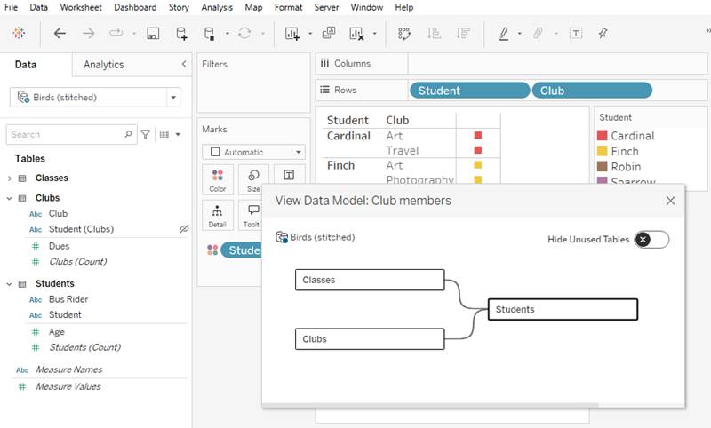 Tableau の「データモデルの表示」機能のスクリーンショット