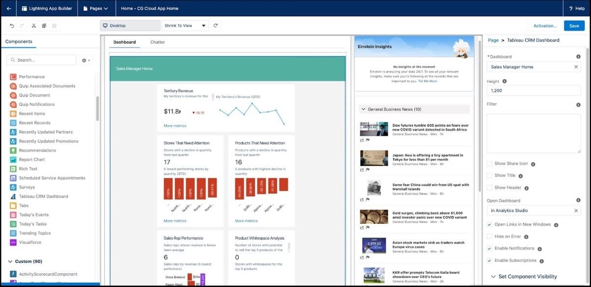 The Lightning App Builder page showing how you can drag and drop the Sales Manager Home tab onto the home page of the Consumer Goods app.