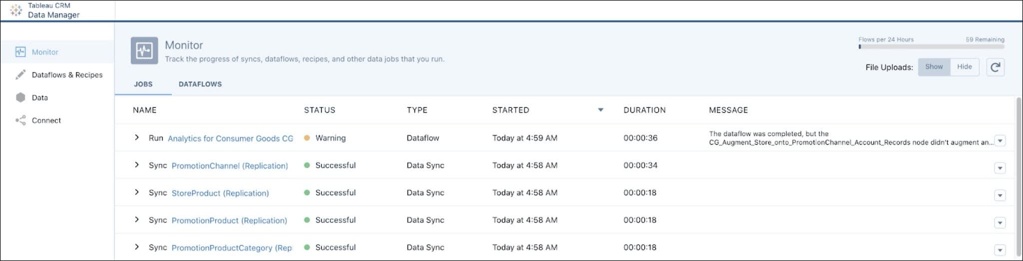 The Monitor tab on the Data Manager page in Analytics Studio.
