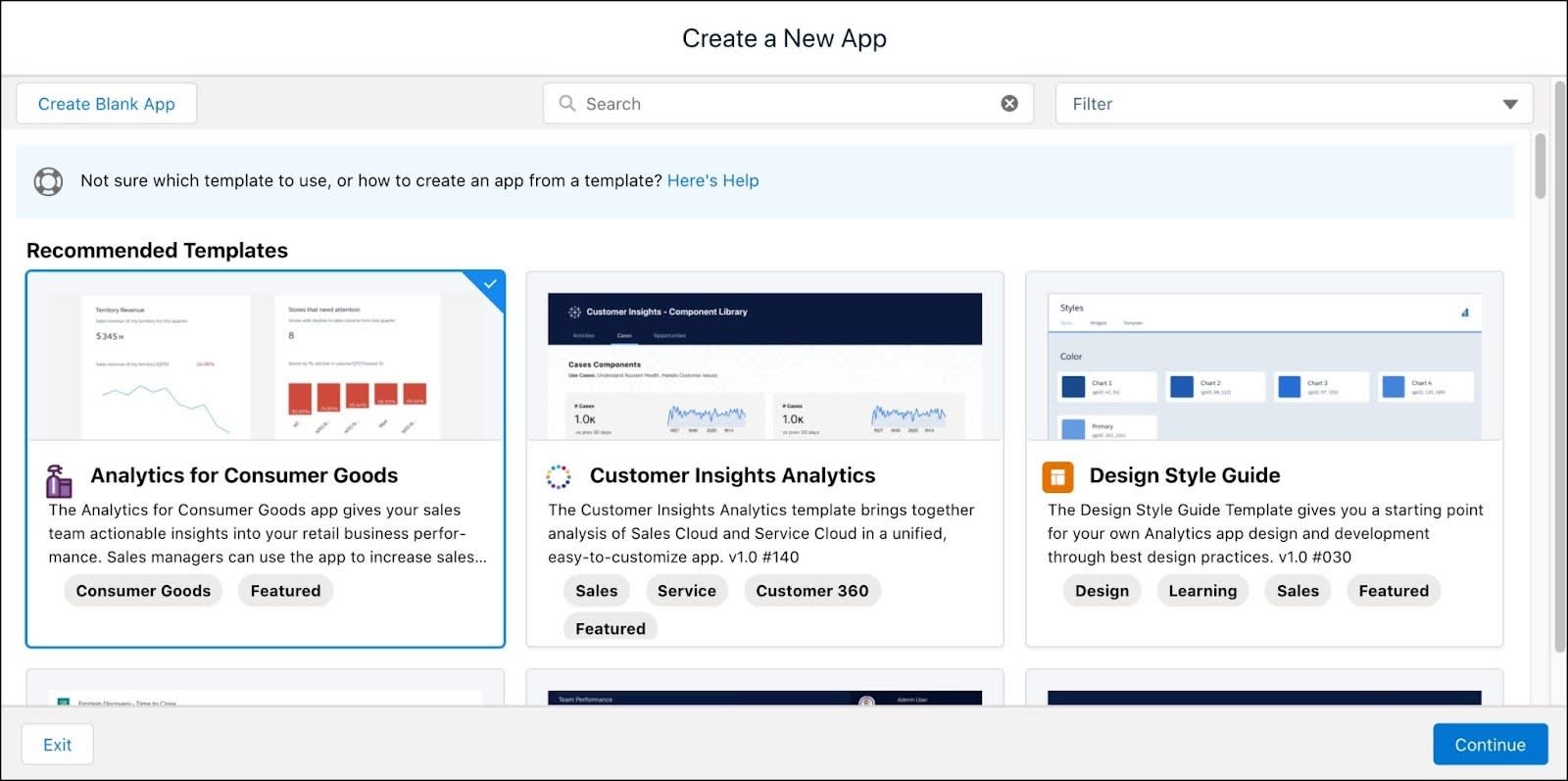 The Create a New App page in Analytics Studio that you can use to create a new CRM Analytics app.
