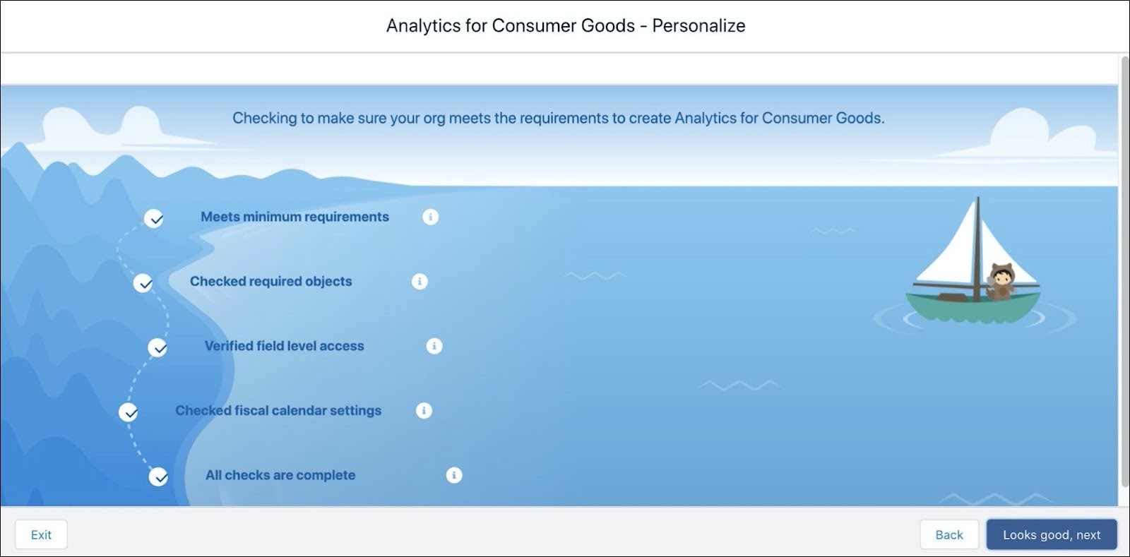 アプリケーションを作成できることを確認するチェックが実行されていることを示す [Analytics for Consumer Goods - カスタマイズ] ページ。