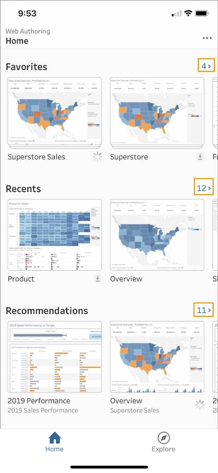 Home page on Tableau Mobile