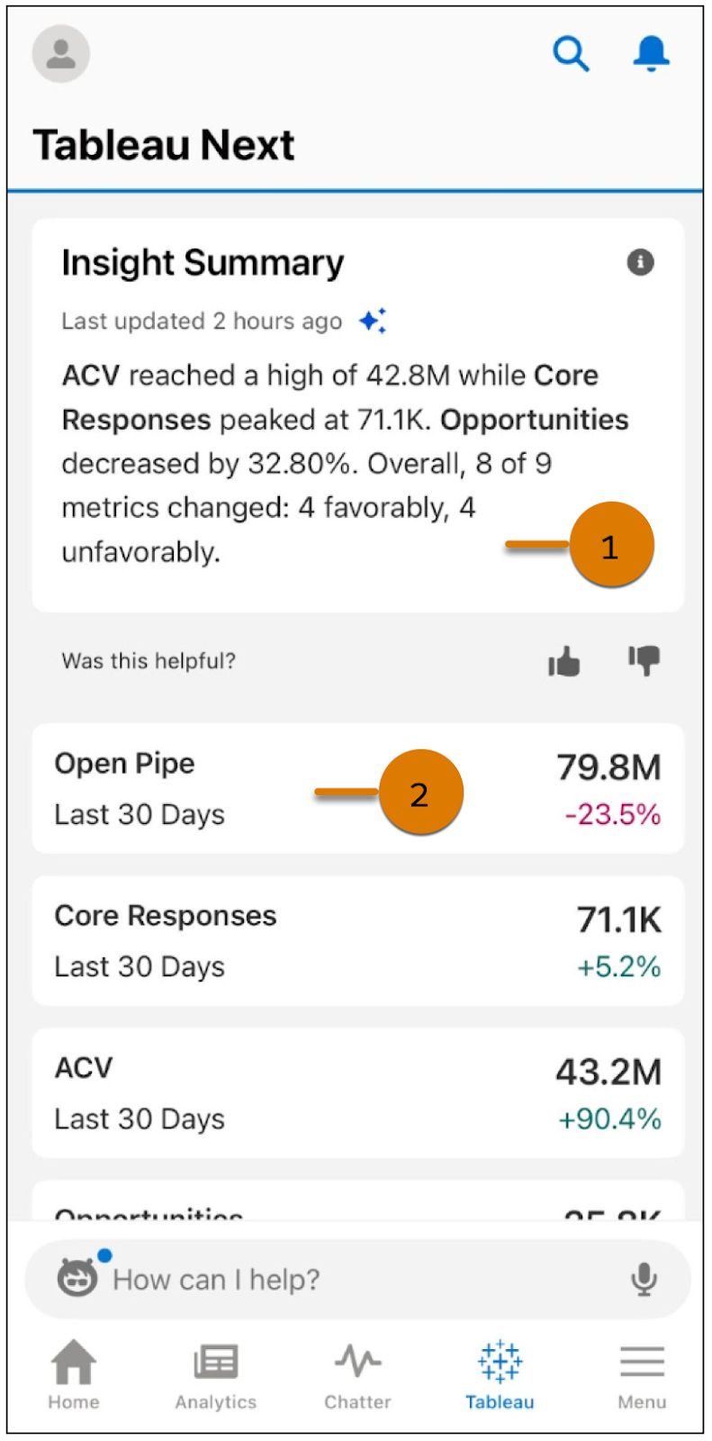 Tableau Next Mobile overview page included Insight Summary, Open Pipe information, Core Responses, ACV, and more..