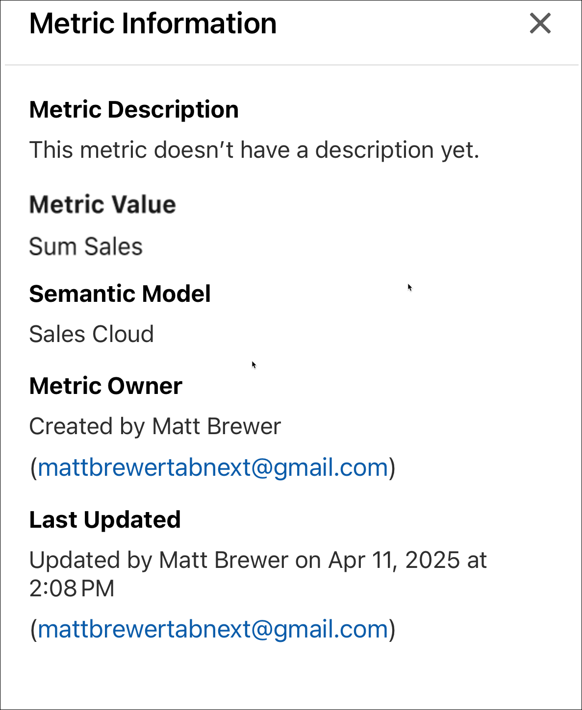 Metric information details are broken down for the Sales Cycle (Won) metric.