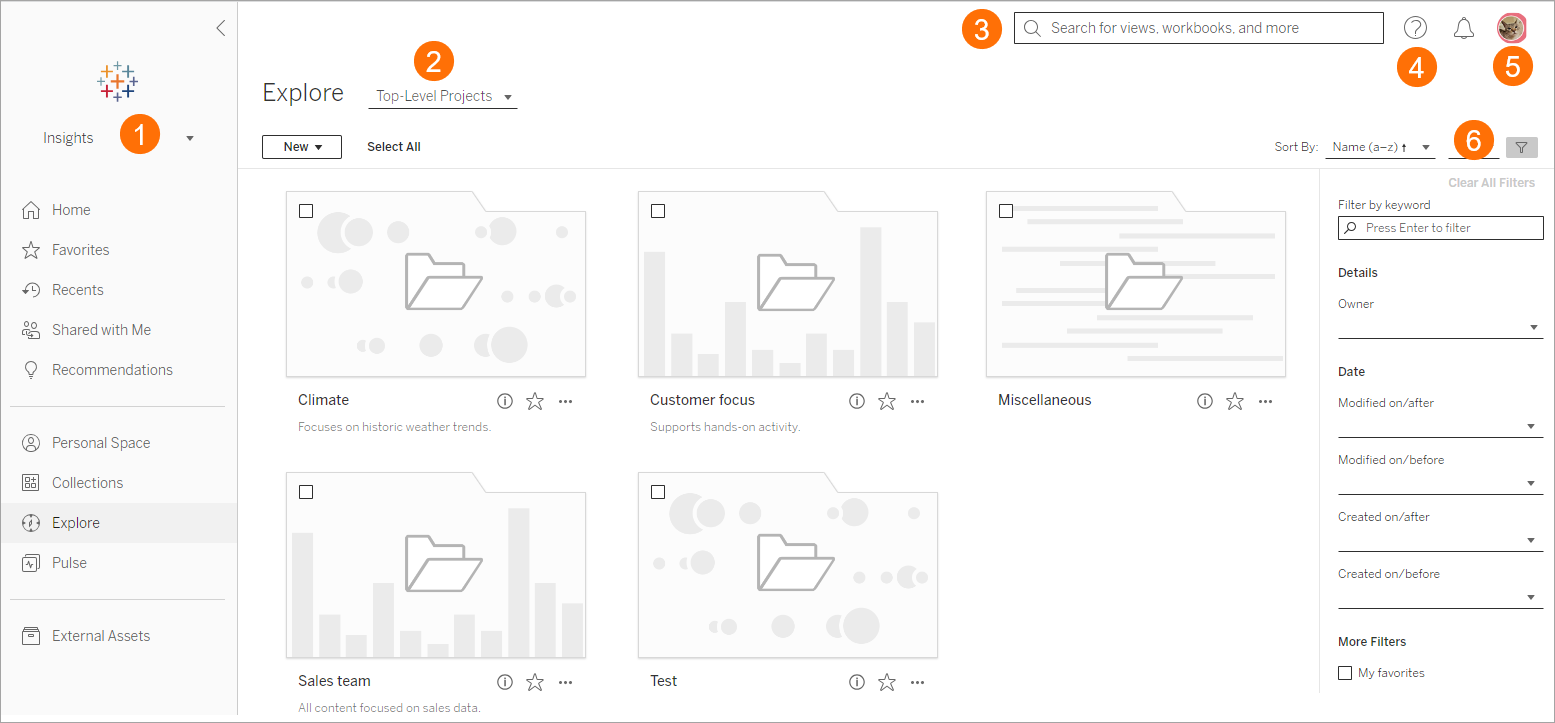 Página Explore (Explorar) del creador web de Tableau