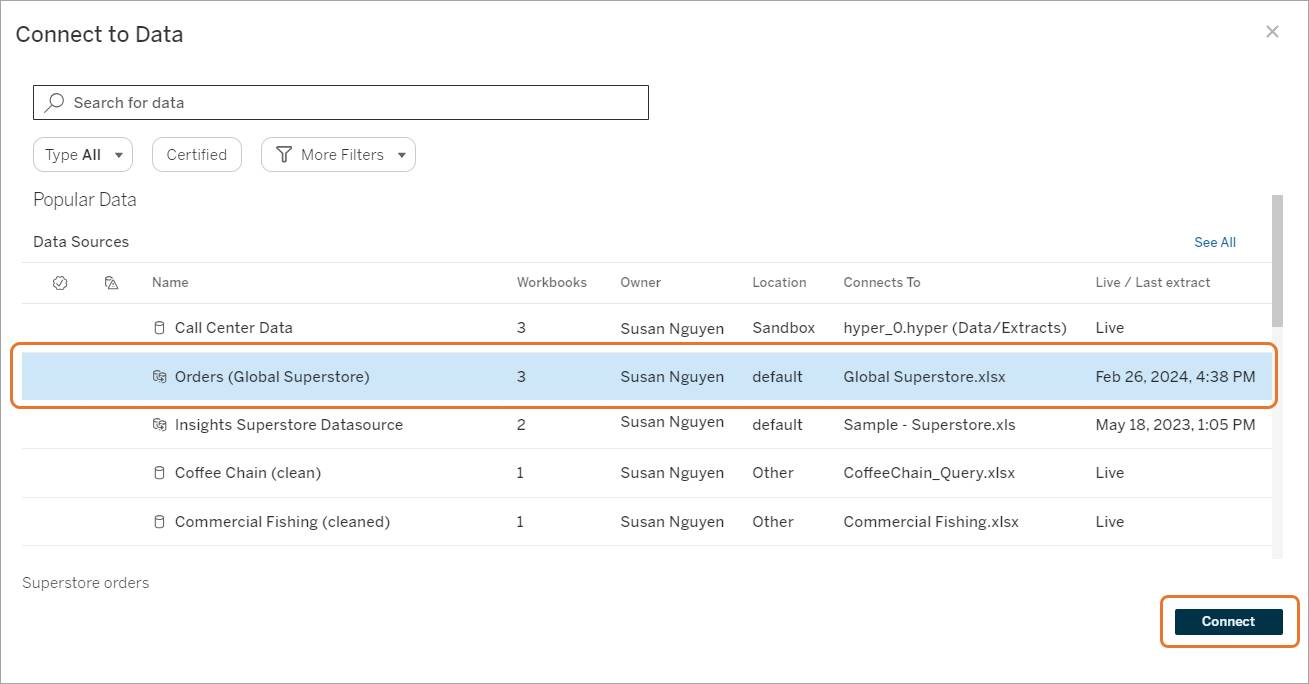 Opción Connect to Data (Conectar con datos) que muestra las fuentes de datos a las que puede conectarse