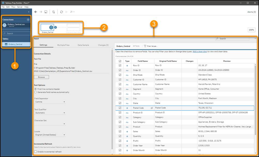 Tableau Prep Builder の [接続] と [入力] のページ