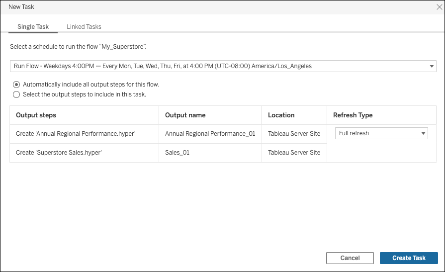 Shows Scheduled Tasks menu options for scheduling flow runs