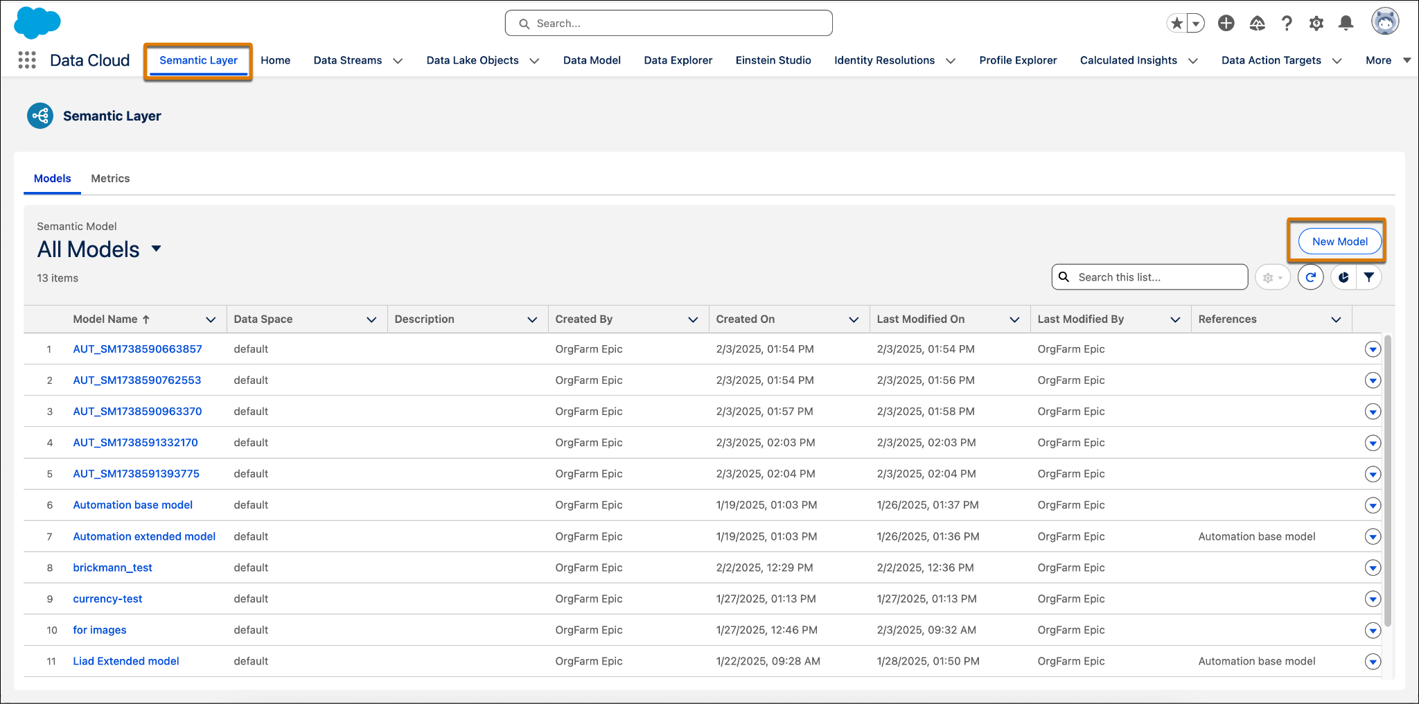 Semantic Layer dialog with new model highlighted.