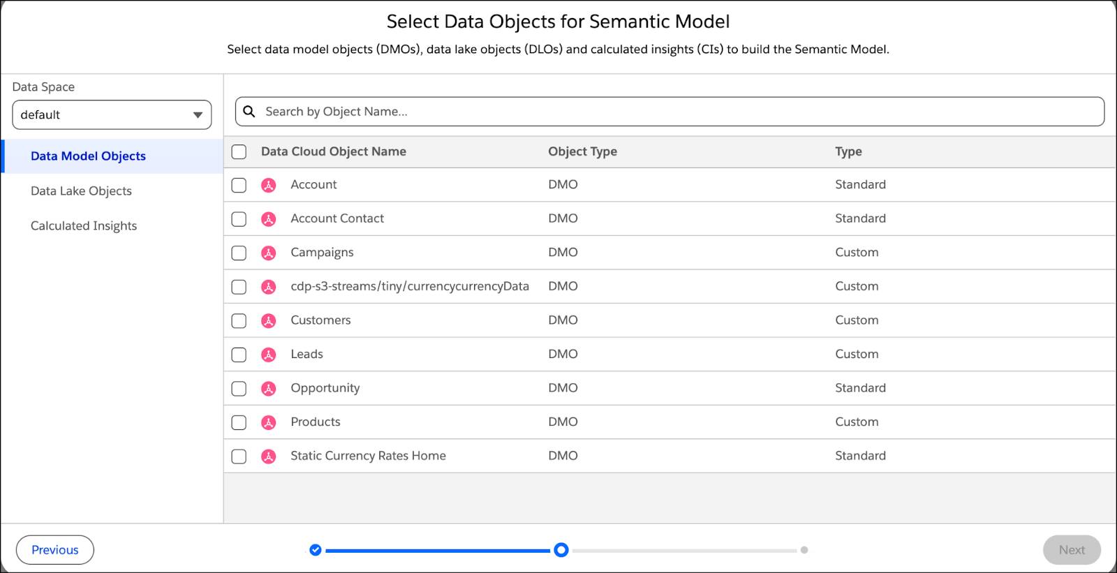 Select Data Objects for Semantic Model dialog.
