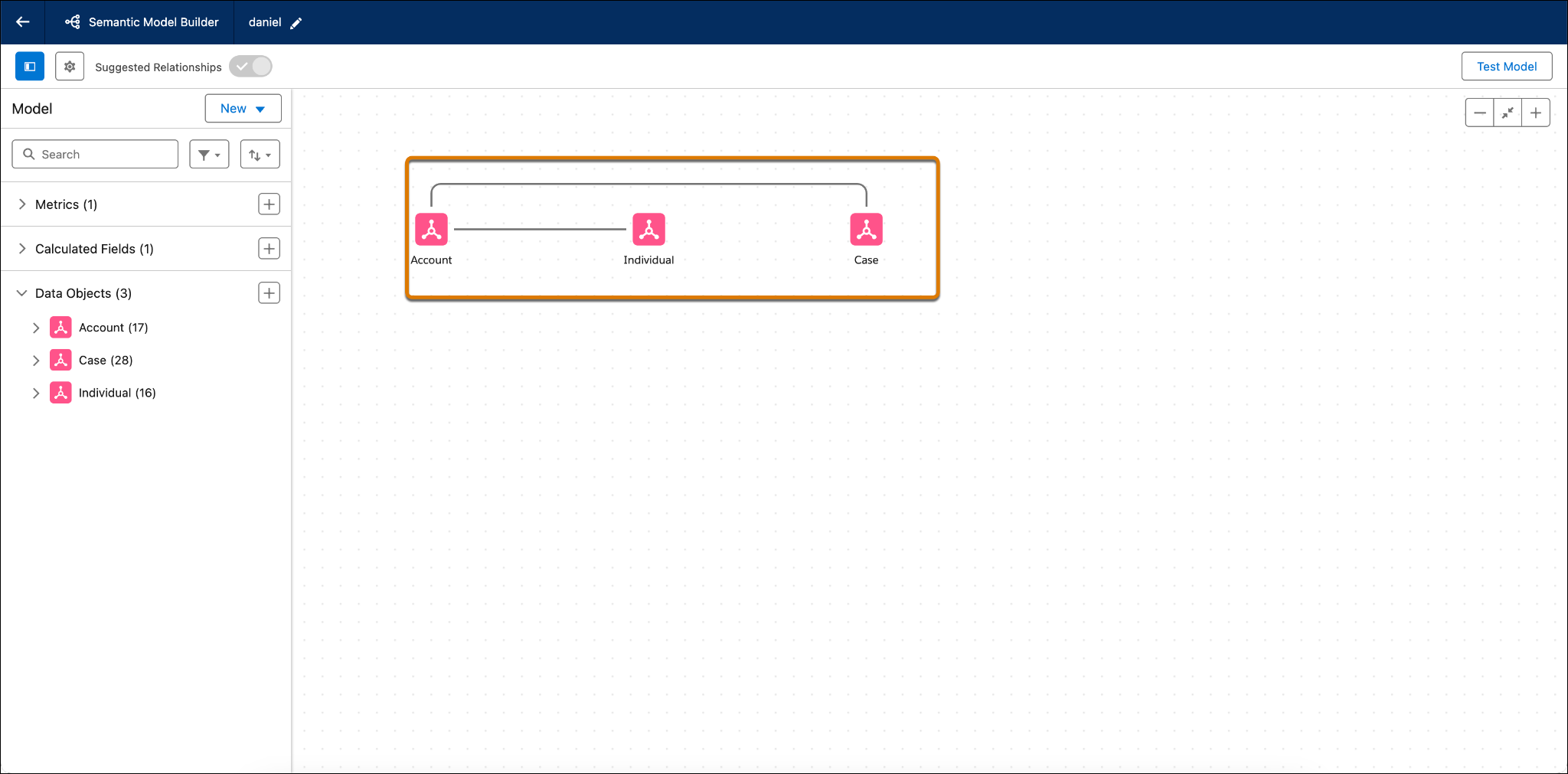 Semantic Model Builder with defined relationships in the canvas.