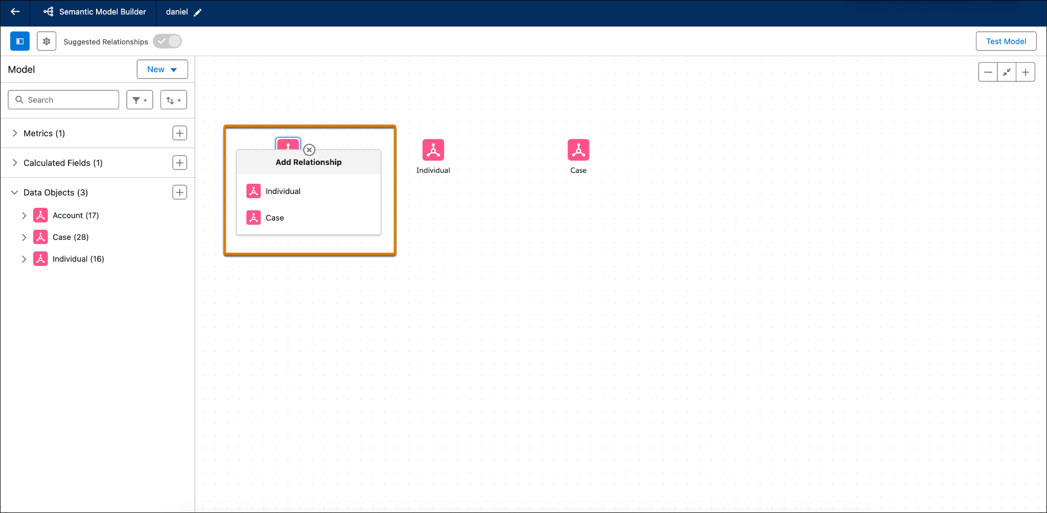 Semantic Model Builder with data object selected and Add Relationship dialog displayed.