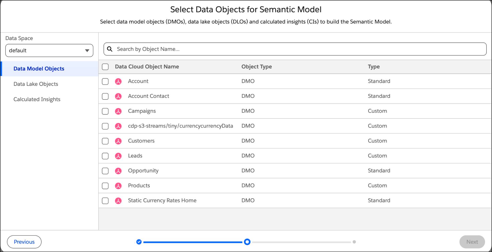 Select Data Objects for Semantic Model dialog.