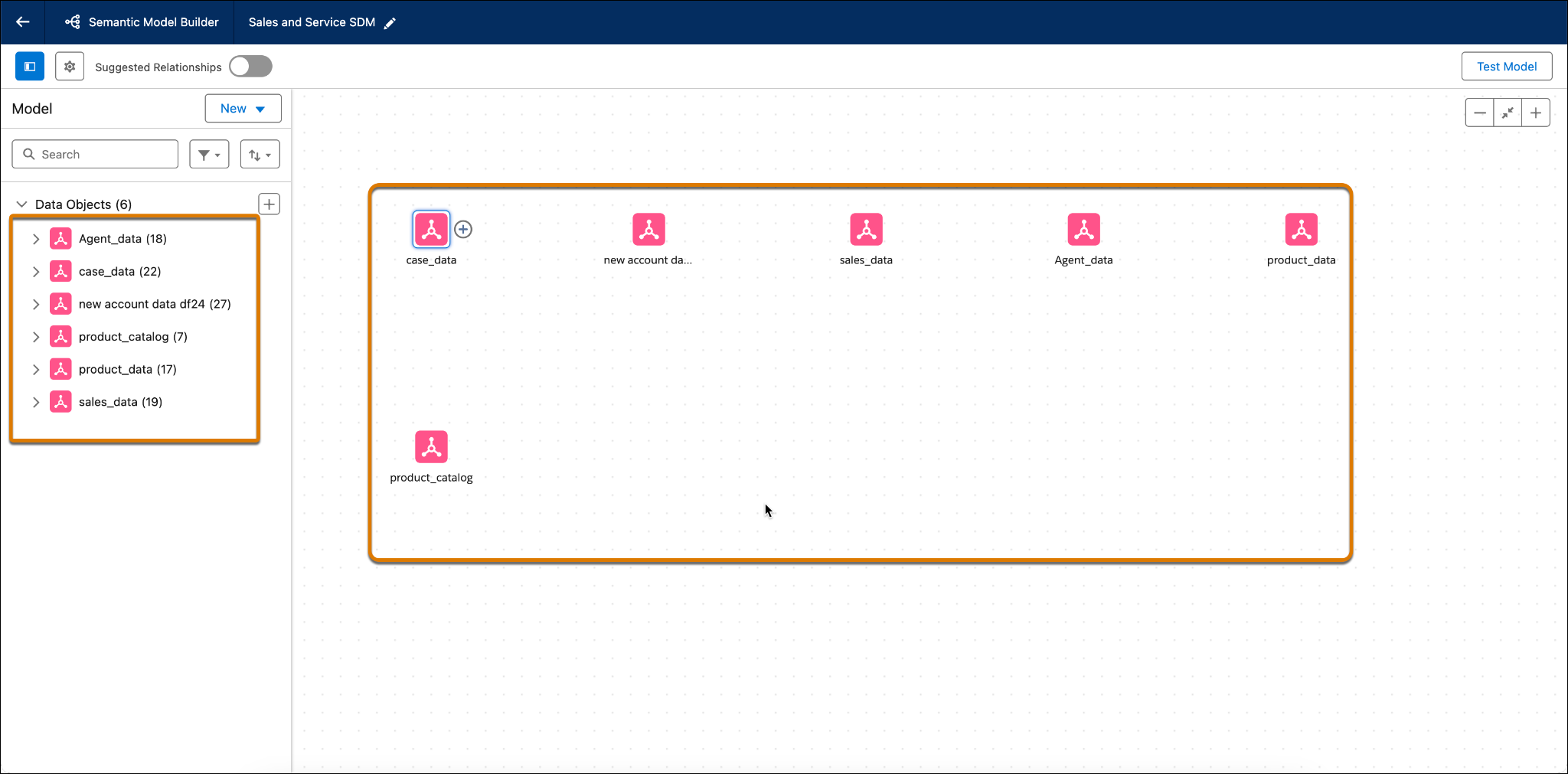 Semantic Model Builder with Data Objects and canvas highlighted.