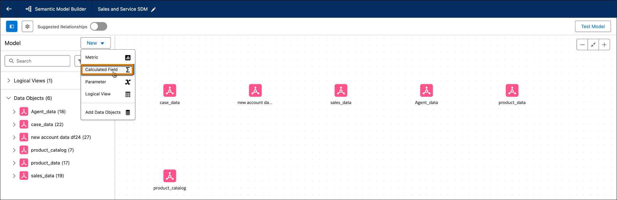 Semantic Model Builder showing the calculated field option.