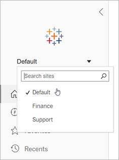 Menú desplegable del selector de sitios de Tableau Server