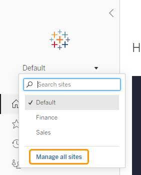 Seleccionador de sitios que muestra el enlace "Manage all sites" (Gestionar todos los sitios) en la parte inferior del menú desplegable
