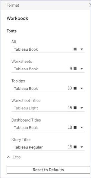 Format menu for formatting at the workbook level, includes fonts, worksheets, tooltips, workbook titles, dashboard titles, and story titles.