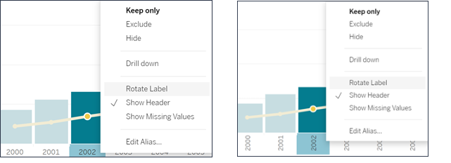 A viz with horizontal headers and a menu showing the option to Rotate Label and a viz with vertical headers and a menu showing the option to Rotate Label.