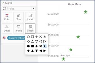 The Shape menu found on the Size box on the Marks card offers 20 different shapes to choose from.