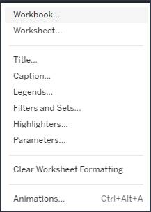 [書式設定] メニューに Tableau を使用して書式設定可能なさまざまな要素 (ワークブック、ワークシート、タイトル、キャプション、凡例、フィルターとセット、ハイライター、パラメーター、アニメーション) が表示されている。[ワークシートの書式設定のクリア] オプションも表示されている。
