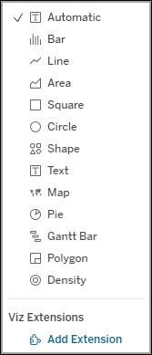 Marks card dropdown menu with Viz Extensions option.