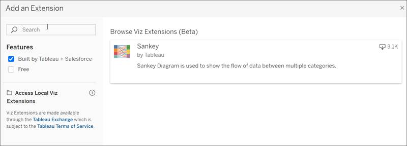 Add an Extension dialog box to search for and add an extension from the Tableau Exchange.