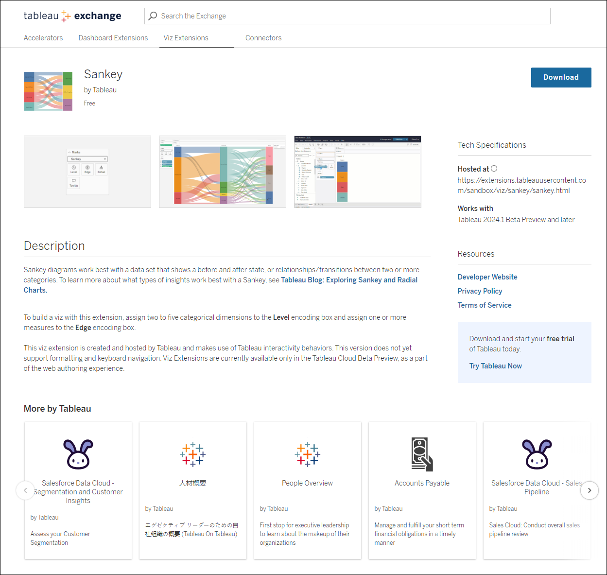 Tableau Exchange description page for the Sankey diagram, developed by Tableau.