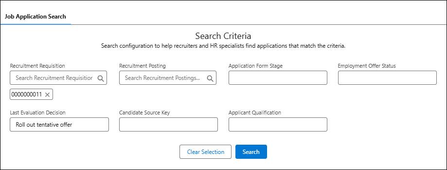 The Job Application Search tab with search criteria fields.