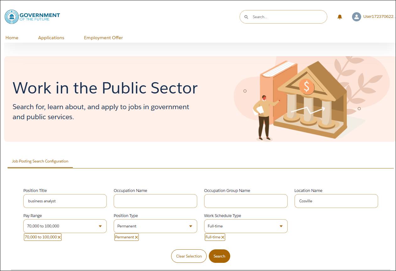 A public sector career site with search criteria.