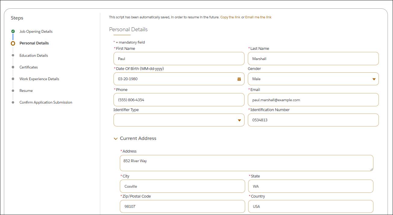 The Personal Details section of an application form on the career site.