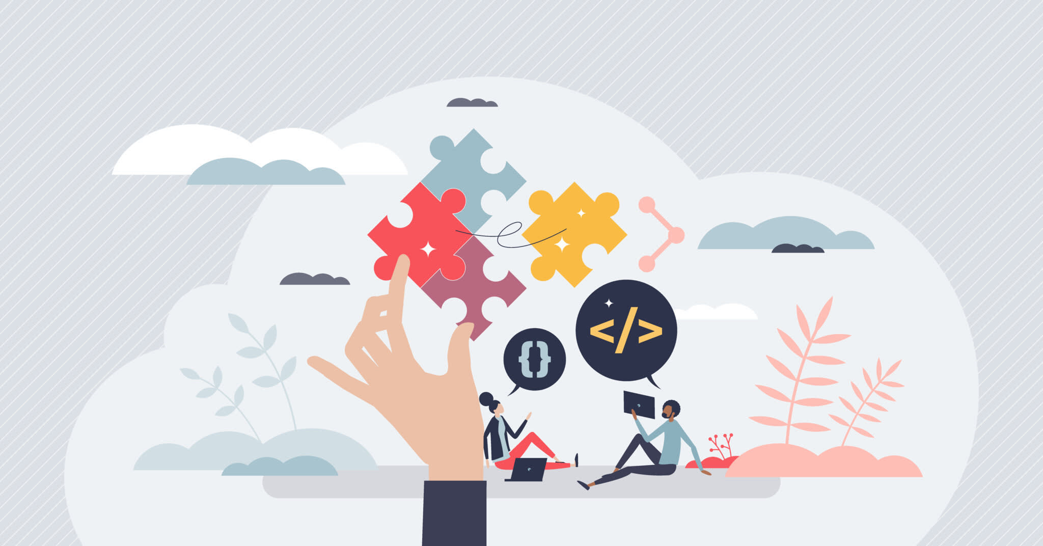 A cloud in which people are discussing automation and a hand putting puzzle pieces together representing workflow coming into place.