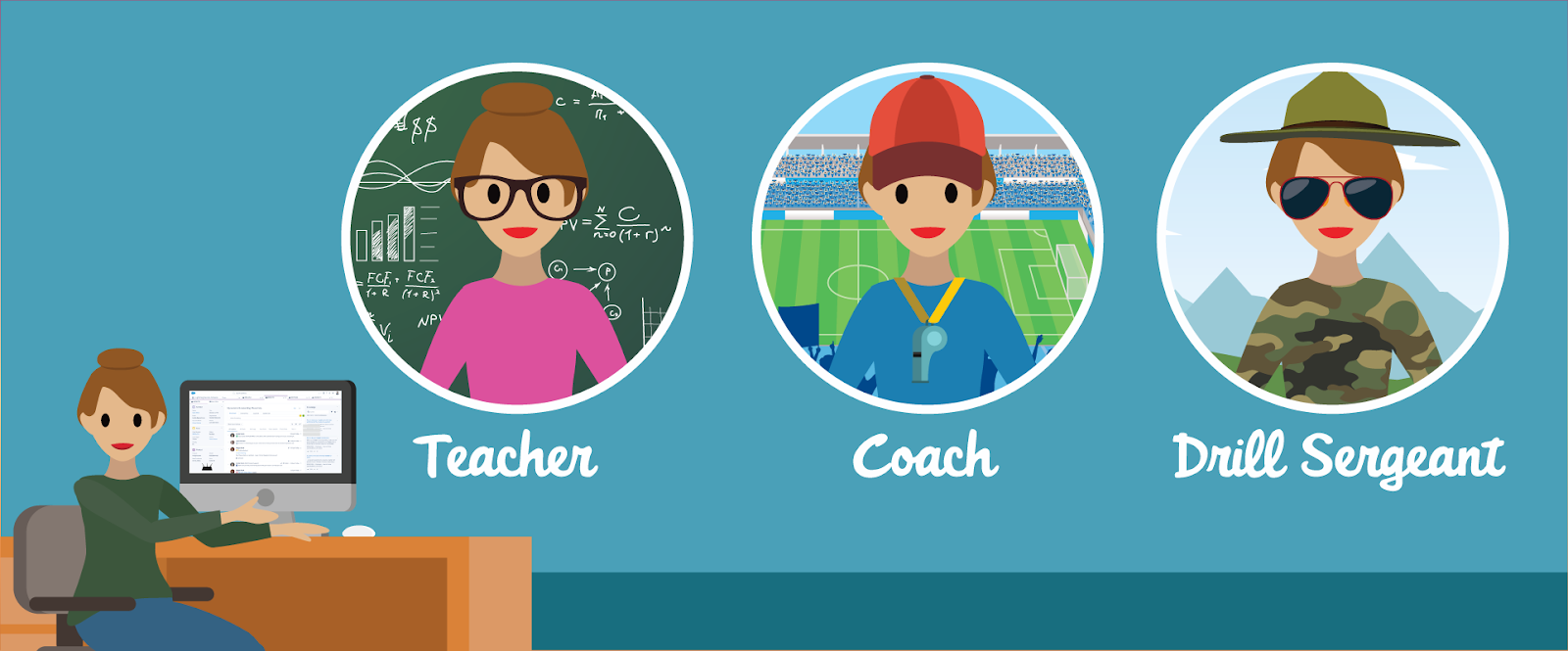 Technical project managers dressed as a teacher, coach, and drill sergeant.