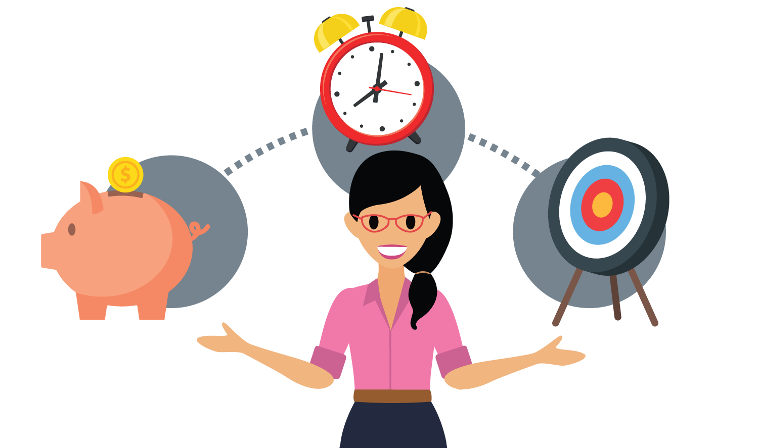 A technical project manager is balancing cost (a piggy bank), schedule (a clock), and scope (a target/bullseye) while managing a cybersecurity project.