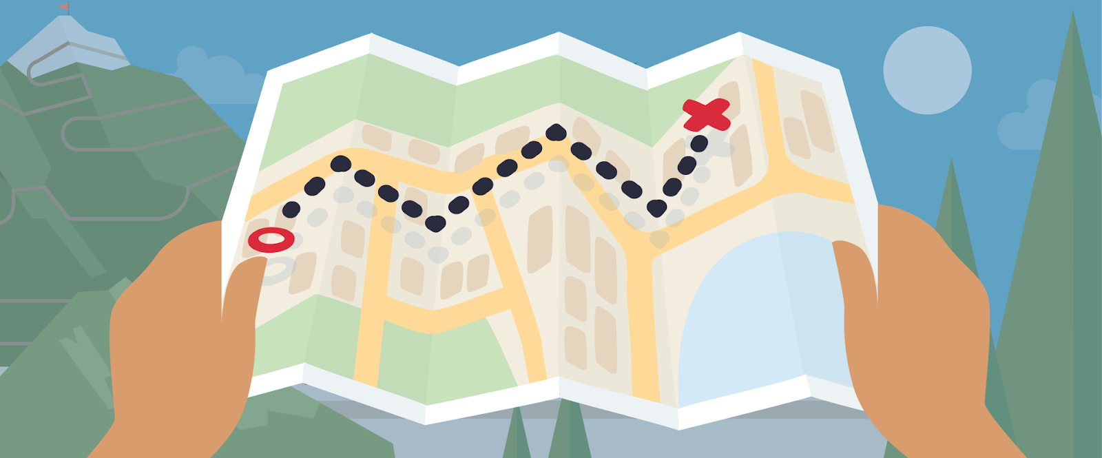 A map showing how to get from a starting point to a destination.