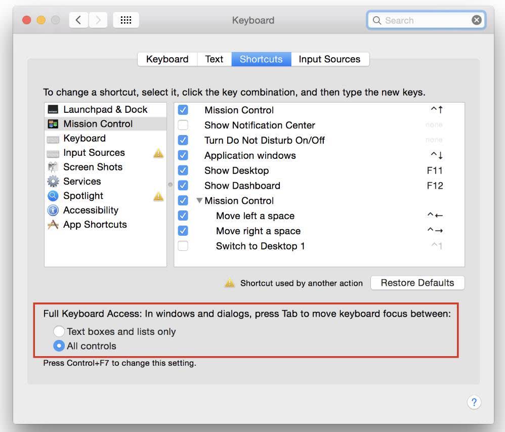 MacOS の [Keyboard (キーボード)] 設定画面の [Shortcuts (ショートカット)] タブで、[Full Keyboard Access (フルキーボードアクセス)] の部分が強調され、[All controls (すべてのコントロール)] が選択されている。