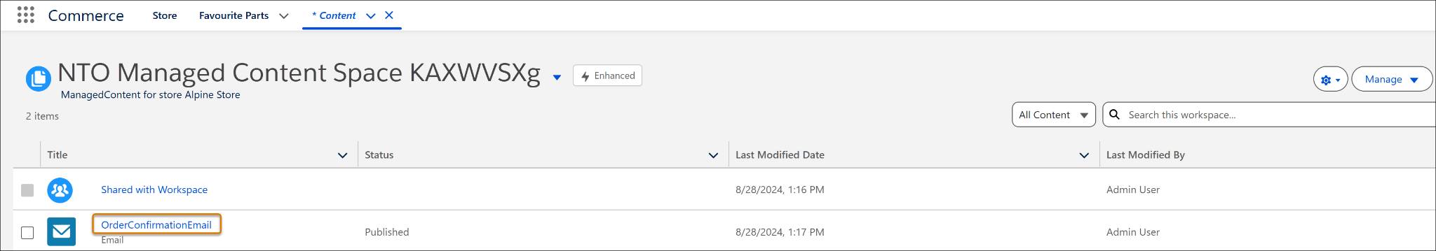 NTO Managed Content space with OrderConfirmationEmail highlighted.
