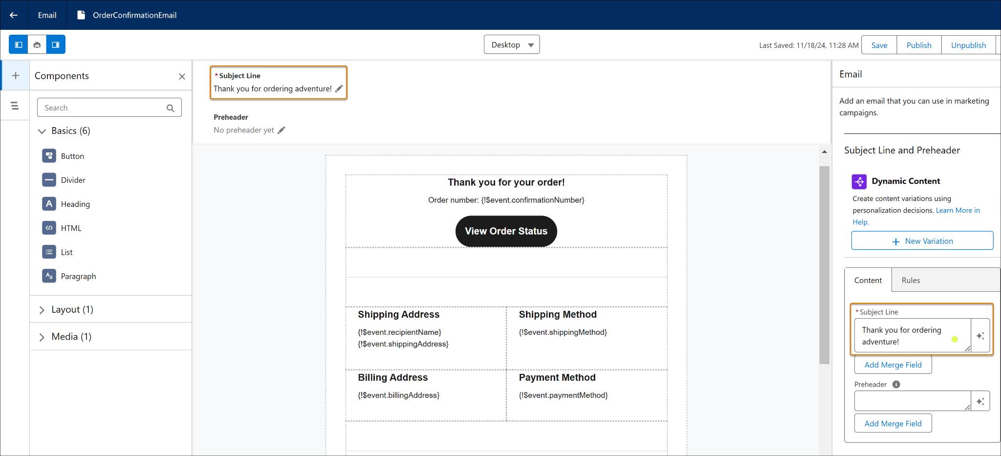 OrderConfirmationEmail with edited Subject Line.