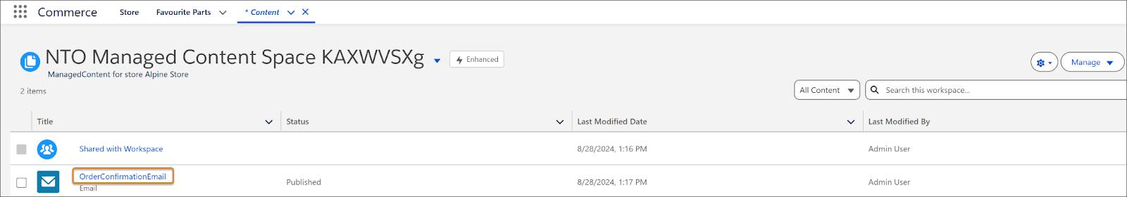 OrderConfirmationEmail が強調表示されている NTO Managed Content Space (NTO 管理コンテンツスペース)。