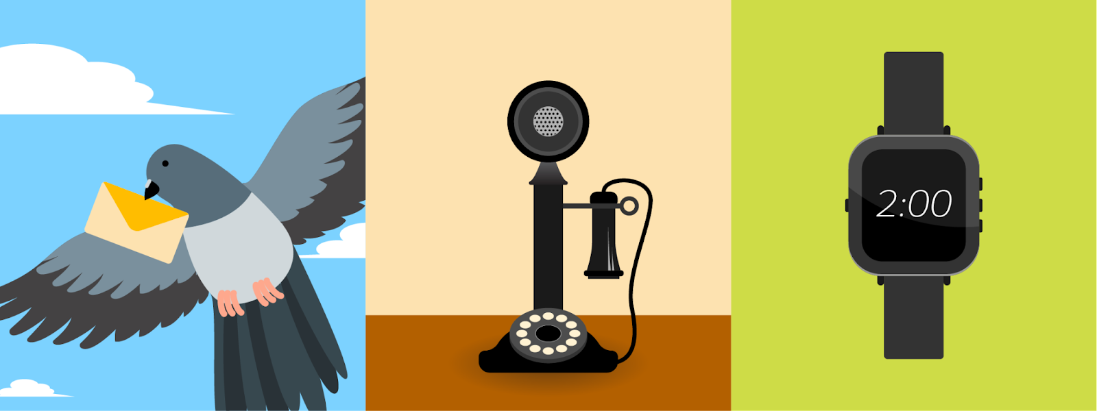 伝書バト、旧式の電話、スマートウォッチなど、さまざまな通信手段を示すイラスト。